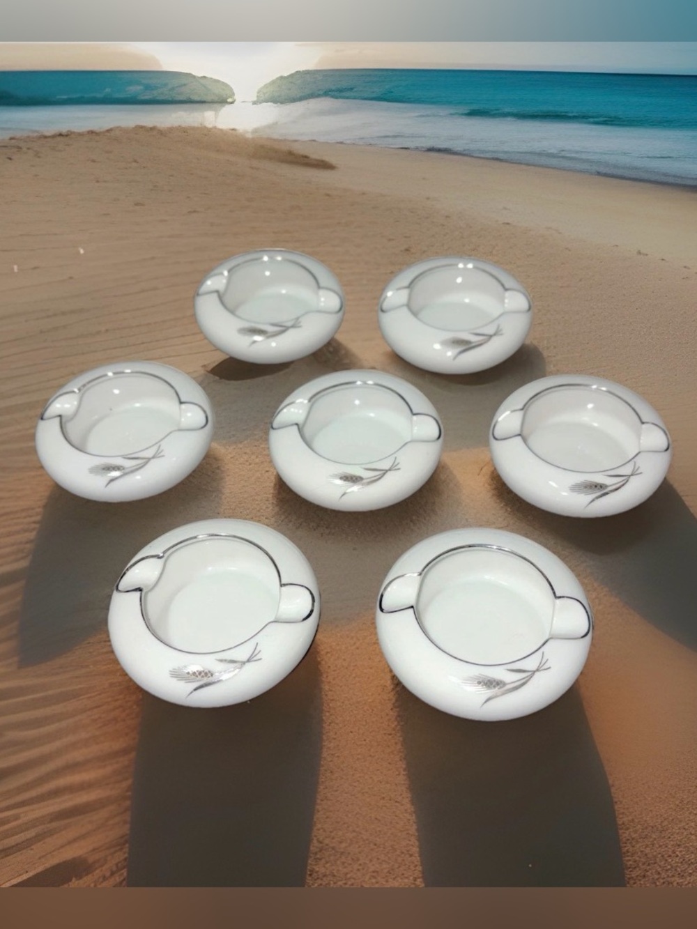 Fukagawa Arita Japan Silver Wheat Porcelain Mini Ashtray Set of 7 Pattern 928